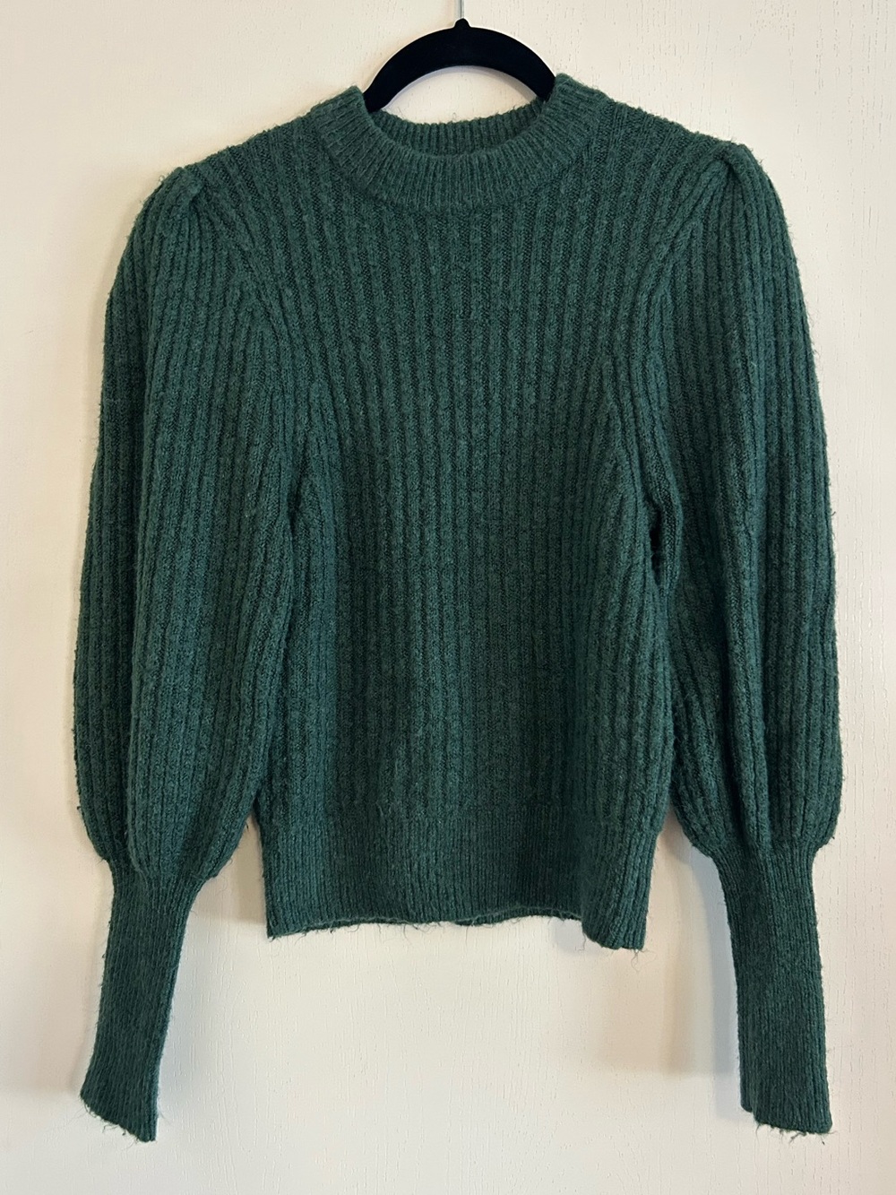 Leith Ribbed Crewneck Balloon-Sleeve Sweater - Dark Green